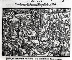 A queima de Thomas Haukes, 10 de junho de 1555, de "Atos e Monumentos" de John Foxe (1516-87) 1563 de English School
