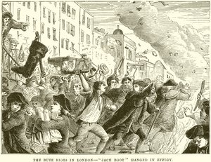 Os motins Bute em Londres - Jack Boot enforcado em Effigy de English School