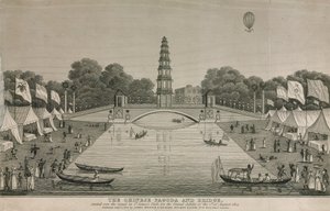 O pagode e a ponte chineses erigidos sobre o canal no St Jamess Park para o Grande Jubileu, 1814 de English School