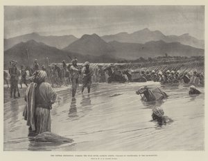 A Expedição Chitral, fording the Swat River, olhando para Norte; Vila de Chatedarra ao Fundo (litho) de English School