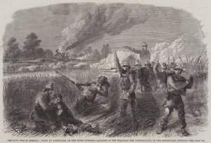 A Guerra Civil na América, Luta em Hainsville, no Upper Potomac, Avanço dos Homens de Wisconsin (Federalistas) na Posição Secessionista (gravura) de English School