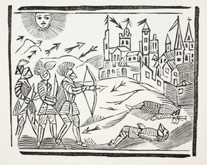 A conquista da França com a vida e ações gloriosas de Edward, o Príncipe Negro, ilustração de Chap-livros do século XVIII por John Ashton, pub. 1882 de English School
