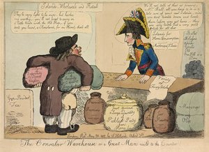 O Armazém Consular ou um Grande Homem pregado ao balcão, pub. 1802 (gravura a cores) de English School