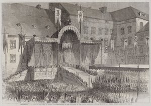 A Coroação do Rei e Rainha da Prússia, a Proclamação no Pátio do Schloss, Konigsberg (gravura) de English School