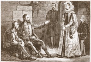 O condessa de Reux que visita De Bray e La Grange na prisão, ilustração da história do protestantismo por James Aitken Wylie (1808-1890), bar. 1878 de English School