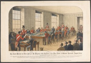 A Corte Marcial de Lieut. Perry do 46º Regimento de H. Majestys, no Refeitório do Quartel de Windsor, agosto de 1854 (cor litho) de English School
