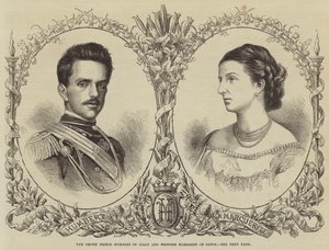 O Príncipe Herdeiro Humbert da Itália e a Princesa Margarida de Sabóia (gravura) de English School