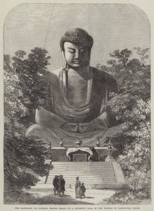 O Daiboodh, ou Imagem de Bronze Colossal de um Ídolo Budista, no Templo de Kamakura, Japão (gravura) de English School