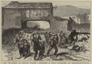 A Angústia no Sul do País de Gales, Abertura de uma cozinha de sopa em Merthyr-Tydvil (gravura) de English School