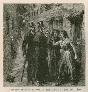 O conde de Shaftesbury; explorando as favelas de Londres, 1840 de English School