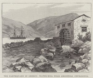 O terramoto na Grécia, Moinho de água perto de Argostoli, Cefalónia (gravura) de English School