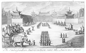 As embaixadoras Introdução ao salão de audiência: recepção no palácio imperial chinês em Pequim para o czar Peter the Greats embaixada liderada por Evert Isbrandz. Ides, de três anos viaja de Mo de English School