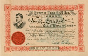 A Exposição do Império da Índia, Londres, certificado de visitantes oficiais de uma subida na Maior Roda da Terra; a grande roda, Earls Court de English School