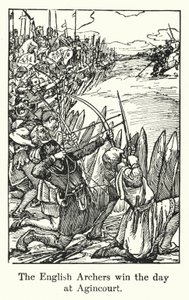 Os arqueiros ingleses ganham o dia em Agincourt (litho) de English School