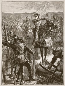 Os ingleses antes de Harfleur, ilustração de História ilustrada de Cassells da Inglaterra (foto sépia) de English School