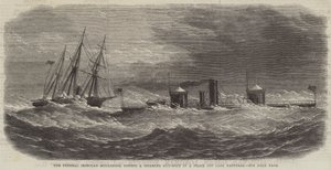 A Federal Ironclad Monadnock rebocando um barco de armas de fogo para deficientes em uma tempestade ao largo do Cabo Hatteras (gravura) de English School