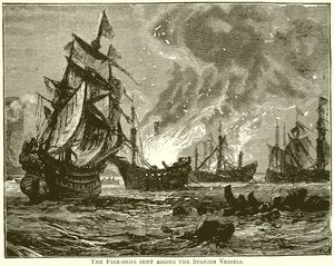 O navio de fogo enviado entre os navios espanhóis de English School