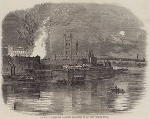 O incêndio na fábrica Pianoforte de Broadwoods, visto da ponte Vauxhall (gravura) de English School