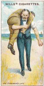 The Firemans Lift No.2, no.19 da série de primeiros socorros de cartões Willss Cigarettes, 1913 de English School