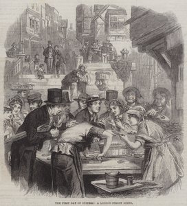 The First Day of Oysters, a London Street Scene (gravura) de English School