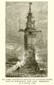 O primeiro farol erigido nas rochas de Eddystone. Construído por Winstanley, 1696--1700, destruído por uma tempestade, 1703 de English School