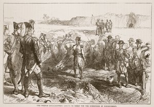 Os comissários franceses que vêm tratar para a rendição de Pondicherry, ilustração da história ilustrada de Cassells da Índia por James Grant, bar. 1879 de English School