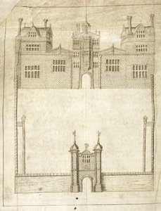 The Front of Wilton House, detalhe da Pesquisa de Terras para o 1º Conde de Pembroke, 1566 (caneta e tinta sobre velino) de English School