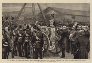 O Funeral do Príncipe Louis Napoleon, o Duc de Bassano, afixando a Cruz da Legião de Honra ao Palácio, em Woolwich (gravura) de English School