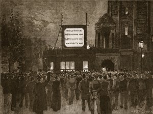 A Eleição Geral de 1892: Anunciando os resultados no National Liberal Club, ilustração de Cassells Illustrated History of England (foto em sépia) de English School