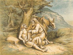 O Bom Samaritano (gravura colorida) de English School