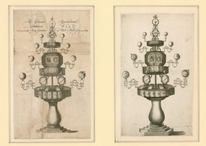O Grand Pyramidical e o Multiform Dial instalados no Privy Garden em Whitehall, 24 de julho de 1669 de English School