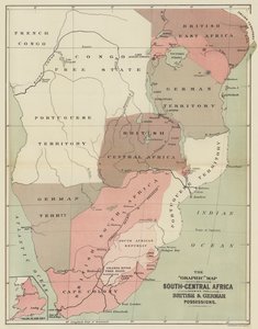 O Mapa Gráfico da África Centro-Sul que mostra as possessões britânica e alemã (cor litho) de English School