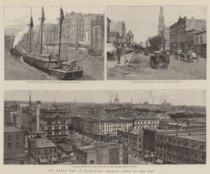 O Grande Fogo em Milwaukee, Vistas Gerais da Cidade (gravura) de English School