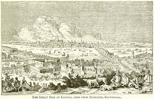 O Grande Incêndio de Londres, visto de Bankside, Southwark de English School