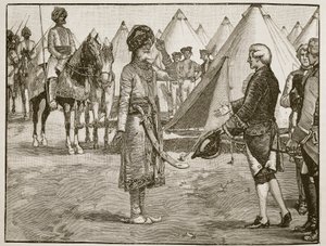O Grande Moghul entrando no campo inglês, 1765, ilustração da História Ilustrada de Cassells da Inglaterra (foto sépia) de English School