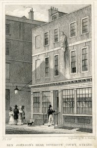 O Grecian Coffee House, Devereux Court, Strand, com um busto de Ben Johnson (gravura) de English School