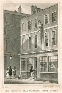 O Grecian Coffee House, Devereux Court, Strand, com um busto de Ben Johnson de English School