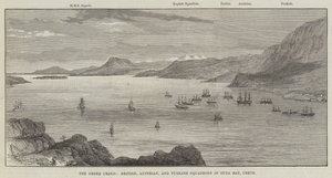 A crise grega, esquadrões britânico, austríaco e turco em Suda Bay, Creta (gravura) de English School