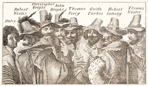 Os Conspiradores da conspiração da pólvora, após uma gravura 1606 de English School