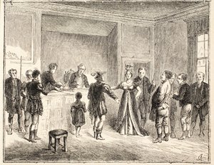 A mão e tesouras, um caso perante o Tribunal de Pie-Poudre, de um desenho datado de 1811 de English School