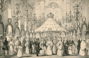 The Hanover Square Rooms, quando a Rainha Victoria teve a visão privada da feira chique em ajuda de estrangeiros em perigo, realizada em 19 de junho de 1833 de English School