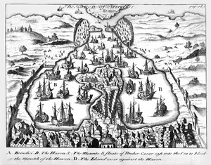 O Porto de Brindisi, ilustração dos &39;Comentários de Júlio César sobre suas guerras na Gália e a guerra civil com Pompeu&39; traduzida para o inglês por Martin Bladen, publicada em 1706