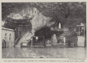 A Santa Gruta, Lourdes, mostrando as muletas dos Peregrinos que dizem ter sido curados (gravura) de English School
