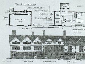 The Hostelry e as lojas, Bedford Park, Chiswick, de The Building News, 1877 de English School