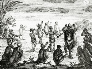 Os hotentotes Adoram a Lua, ilustração de "O Estado Atual do Cabo da Boa Esperança", de Peter Kolb, publicado em 1731 de English School