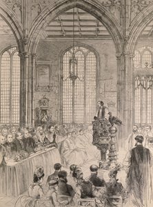 A Câmara dos Comuns atendendo no Estado o Serviço Jubilar na St. Margarets Church, Westminster, de The Illustrated London News, 28 de maio de 1887 de English School