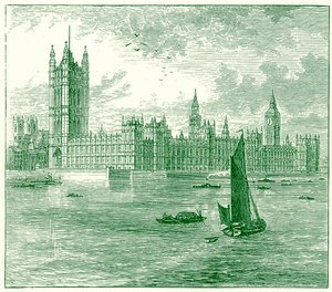 As Casas do Parlamento e a Abadia de Westminster, ilustração de O Mundo como é de George Chisolm, publicada em 1885 (imagem digital melhorada) de English School