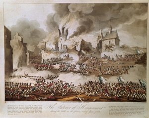 O Interior de Hougoumont durante a Batalha no Glorioso 18 de junho de 1815, gravado por T. Sutherland, publicado em 1816 (aquatint) de English School
