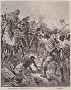 A revolta cabila em Marrocos, rebeldes atacando uma caravana (litografia) de English School
