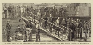 A Ascensão Atrasada no Transvaal, Soldados Feridos do Nek de Laing e Ingogo desembarcam em Portsmouth (gravura) de English School